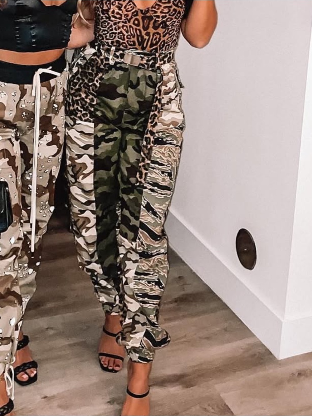 Women’s Multi-Camo Patchwork & Leopard Cargo Pants - Green/Brown